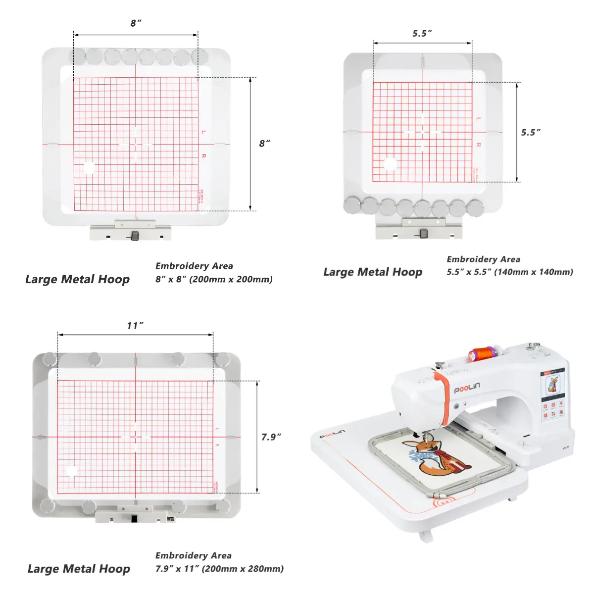 Sew Tech 5.5"x5.5" Metal Magnetic Fabric Embroidery Hoop - 7.9"x11" Grid Template, Strong Magnetism Round Magnets, Flat Hold, Compatible with Poolin EOC06-EOC06RE Needlework Sewing Machines