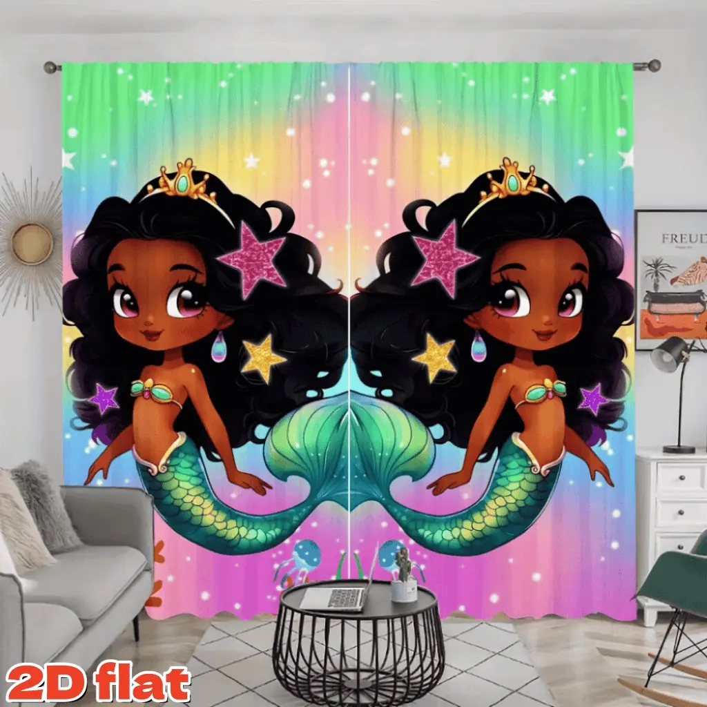 2D Flat 2Pcs Cartoon African American Mermaid Print Curtains, Curtain For Windows, Colorful Ombre Gradient Window Drapes, Glitter Stars Design, Pole Pocket Style, Semi Sunshade Polyester, for Home Decoration, Lightweight Curtains