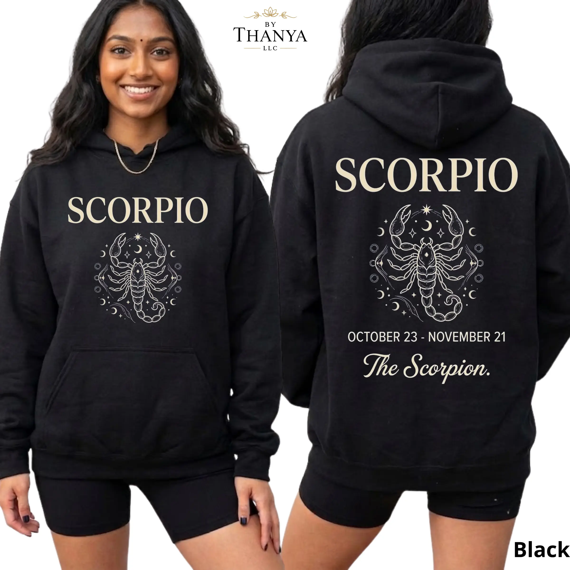 Scorpio Zodiac Hoodie, Astrology Scorpion Graphic Hooded Sweatshirt, Front and Back Print Horoscope Pullover, Scorpio Birthday Gift for Women Men - By Thanya LLC