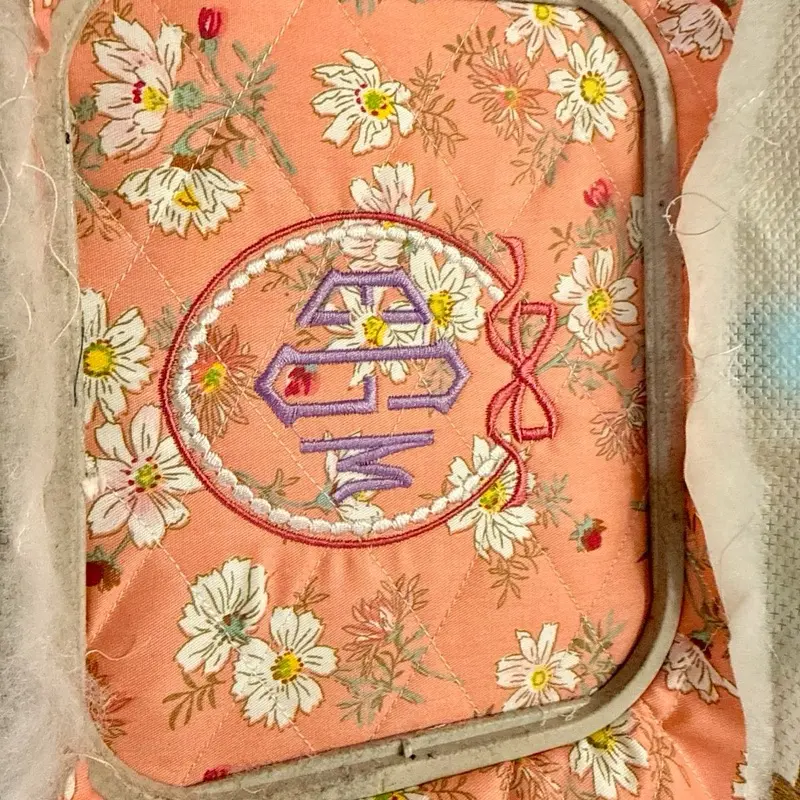 Quilted Zippered Personalized Makeup Bag with Floral Embroidery and Monogram Design for Women