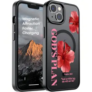 Black Frame Matte Translucent Grey MagSafe Case with Vertical Pink "God's Plan", Red Hibiscus & Psalm 46:5 Print,With For Iphone17 Pro Max, 16, 15, 14 ,13,12And 16Plus. It Makes A Perfect Gift For Birthdays, Holidays