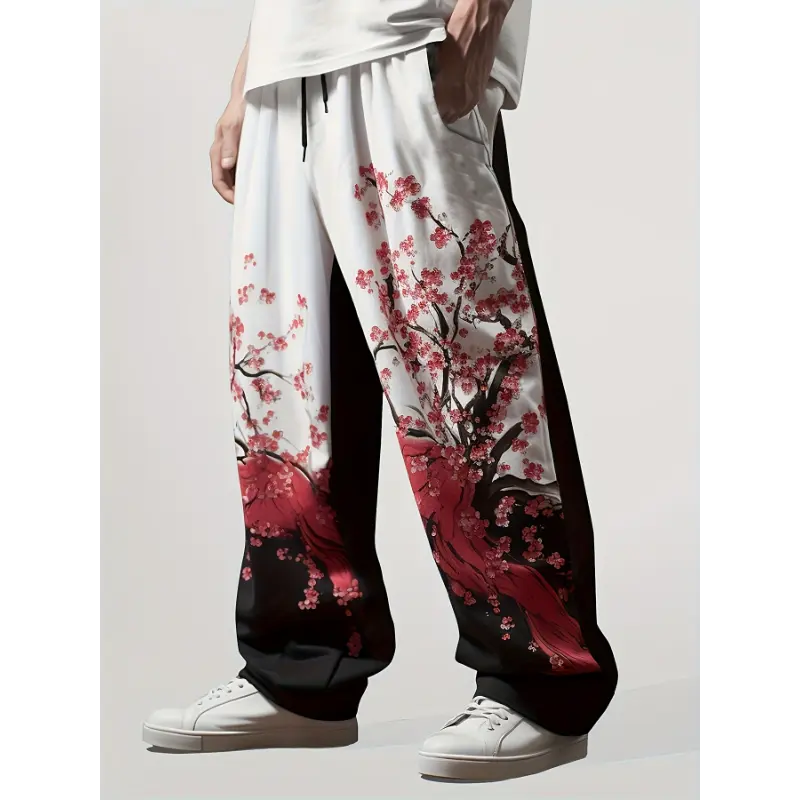 Men's Plum Blossom Print Wide Leg Pants, Loose Fit Woven Trousers with Elastane for Weekend and Outdoor Wear, Casual Wear, Printed Pattern