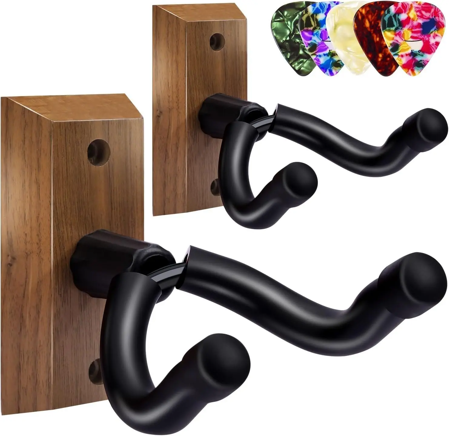 Black Walnut Guitar Wall Mounts (2-Pack) - Handcrafted Instrument Hanger with Swivel Yoke, 5 Picks for Acoustic, Electric Guitars, Bass - Instrument Care Solution for Any Room