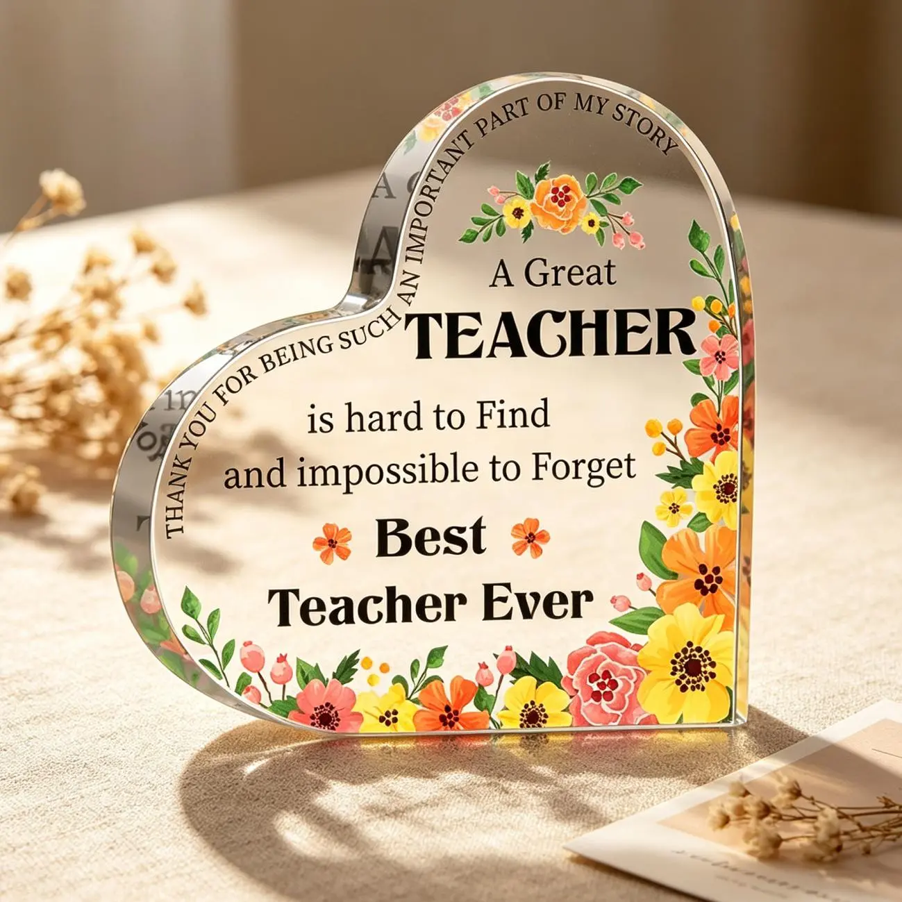 Teacher Appreciation Gifts, End Of Year Teacher Gifts - Acrylic Heart Shape Teachers Plaque 4×4 in, Teacher Retirement Gifts for Women Men, End of Year Thank You Teacher Keepsake