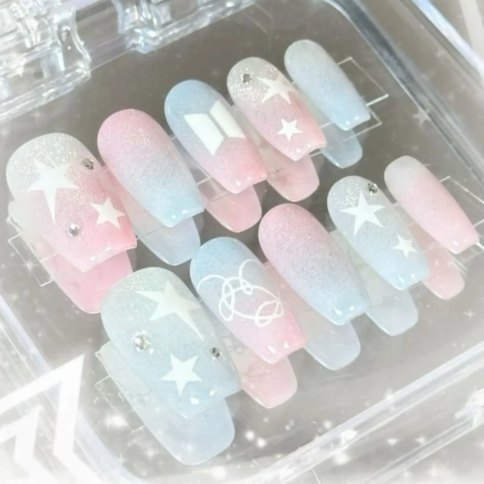 Star Gradient Pastel Pink Blue Kpop Press On Nail, Pink Blue Gradient BTS Star Galaxy Nail Set