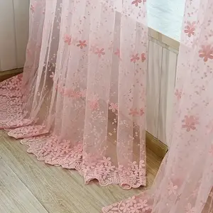 Romantic Sweet Floral Embroidered Sheer Curtain, Bedroom Living Room Light Blocking Partition, Soft Drapery Decorative Window Covering, Home Decoration Curtain