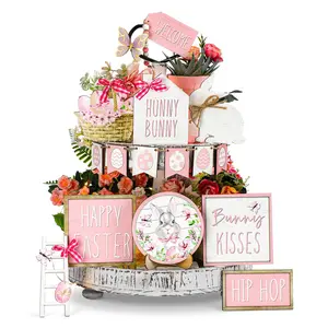 Easter Layered Tray Decor Gift Set, 15-Piece Bunny Egg Flower Design, Wooden Easter Table Decoration Sign (no Trays Included)