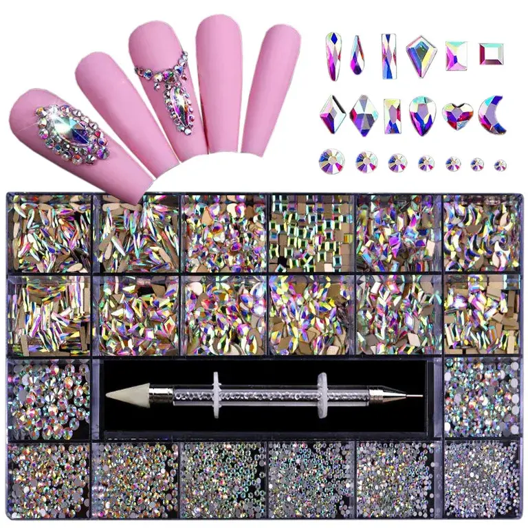 Nail Supplies Flatback Rhinestone Crystals Set, 12 Types of 600 Diamonds & 2500 Flat Rhinestones, 20 Styles for Nail Art, DIY Crafts, Bag & Shoe Embellishments, Sparkling Decoration Accessories, Gift for Women