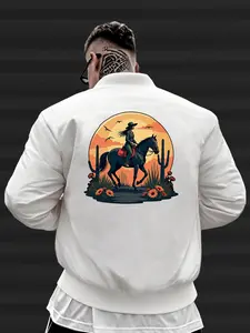 Men's one-piece fleece jacket, casual everyday autumn and winter campus fashion all-match sunset horse print baseball jacket
