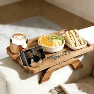 Couch Cup Holder Tray, 3 in 1 Large 15.35"x9.65" Acacia Wood Sofa Arm Clip on Tray Table with 360°Rotated Phone Holder on Armrest