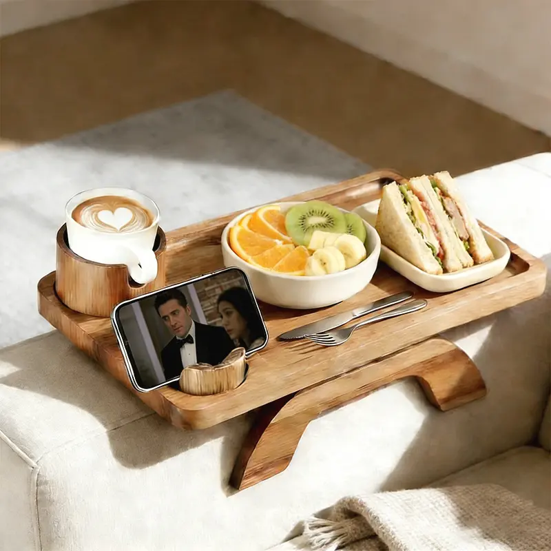 Acacia Wood Clip-On Couch Arm Tray Table - Rectangular, Adjustable, Stability-Focused, No Assembly, Folding Anti-Slip Sofa Armrest Table with 360° Rotating Phone Holder for Snacks, Drinks