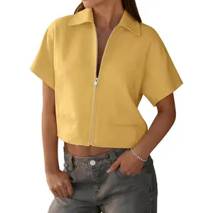 Tankaneo Women's Cropped Short Sleeve Shirts Summer Casual Zip Up Tops Trendy Loose Fit V Neck Blouses for Daily Outings & Travel