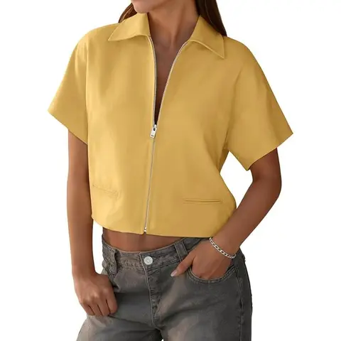 Tankaneo Women's Cropped Short Sleeve Shirts Summer Casual Zip Up Tops Trendy Loose Fit V Neck Blouses for Daily Outings & Travel