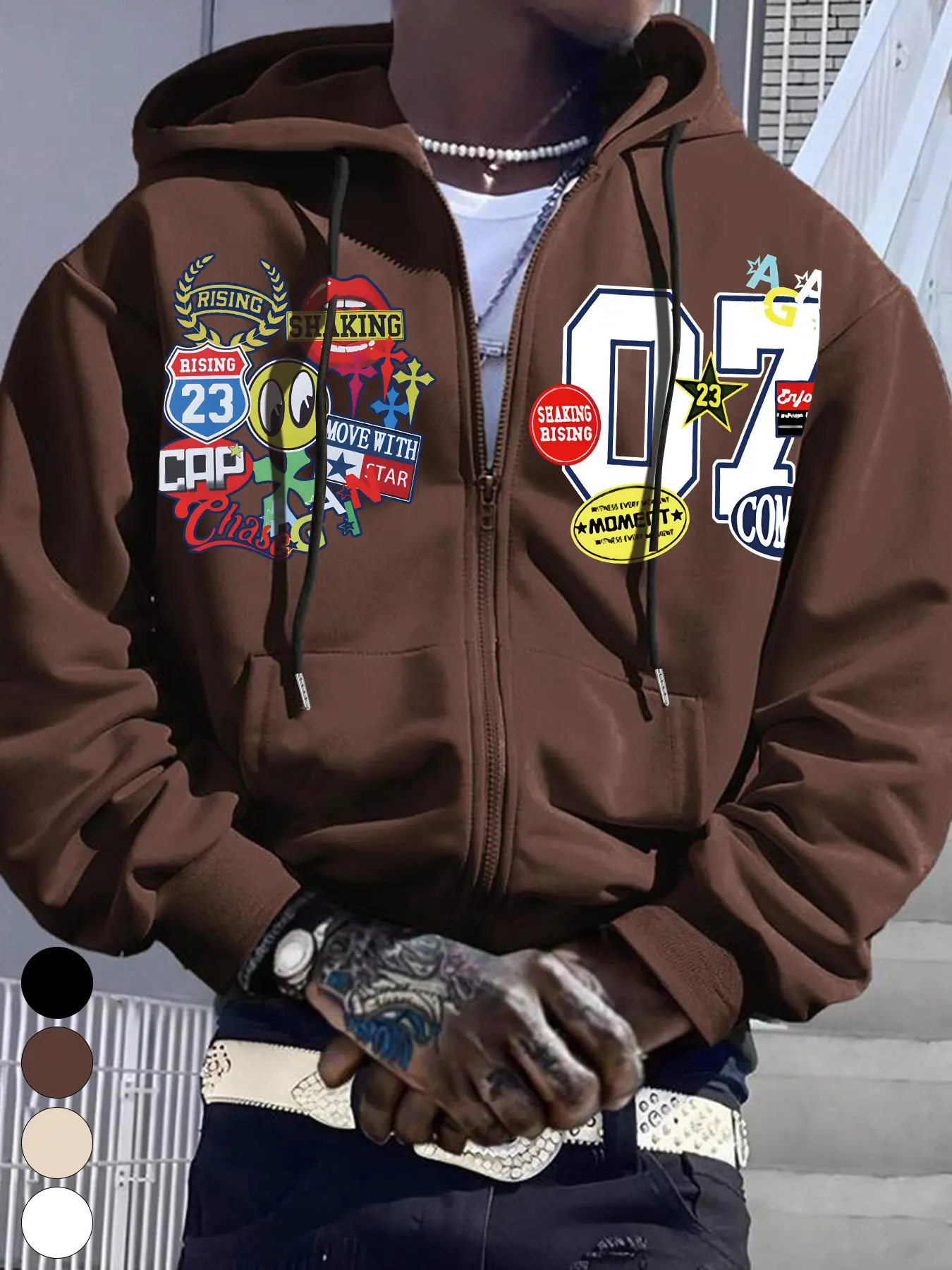 Men's Street Style Knit Hoodie with Zipper & Graphic Print, Comfortable Fabric Fitted Design for Fall Winter Casual Daily Wear Urban Sweatshirts Casual Sporty Hoodies Casual Hooded Sweatshirts