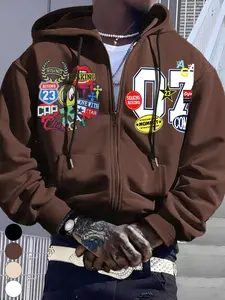 Men's Street Style Knit Hoodie with Zipper & Graphic Print, Comfortable Fabric Fitted Design for Fall Winter Casual Daily Wear Urban Sweatshirts