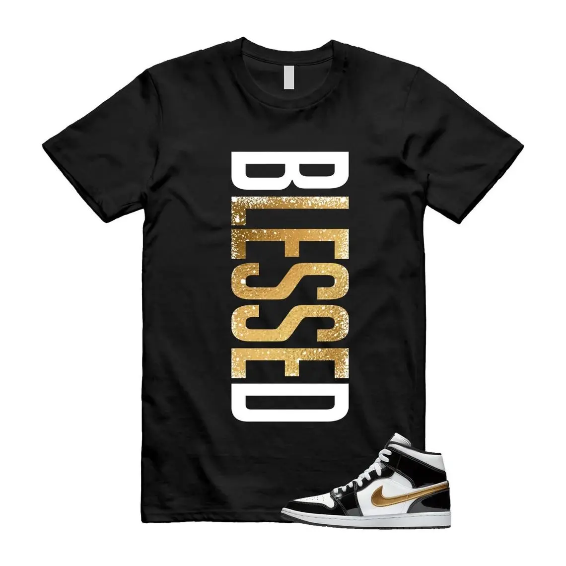 Unisex T-shirt - Metallic Gold Patent Black White Air 1 Mid T Shirt Match VERTBLS. 100% Cotton. Casual Wear. Streetwear Style. T-shirt To Match Sneaker.