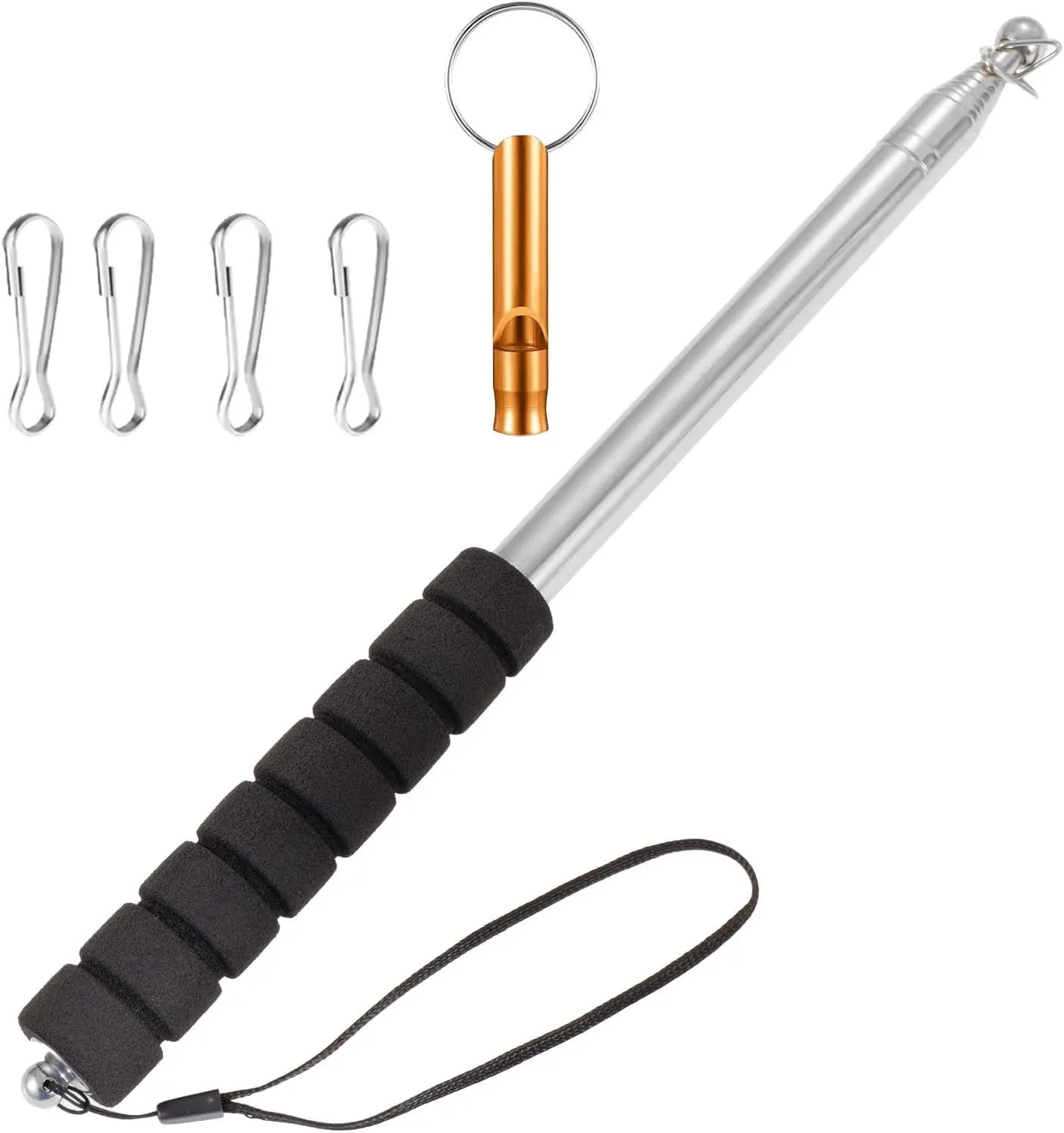 8.2ft Telescopic Flag Pole,Stainless Steel Handheld Portable Extendable Retractable Flagpole with Anti-Slip Grip,Clips,Whistle,Collapsible Telescoping Flag Pole Pointer for Tour Guide,Festival (Black)