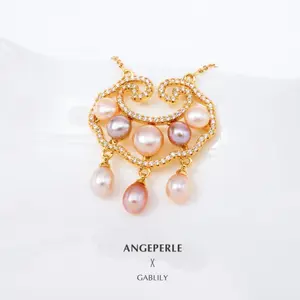 ANGEPERLE Freshwater Pearl Alloy Earrings Pendant Two-Piece Set（TSSL035）