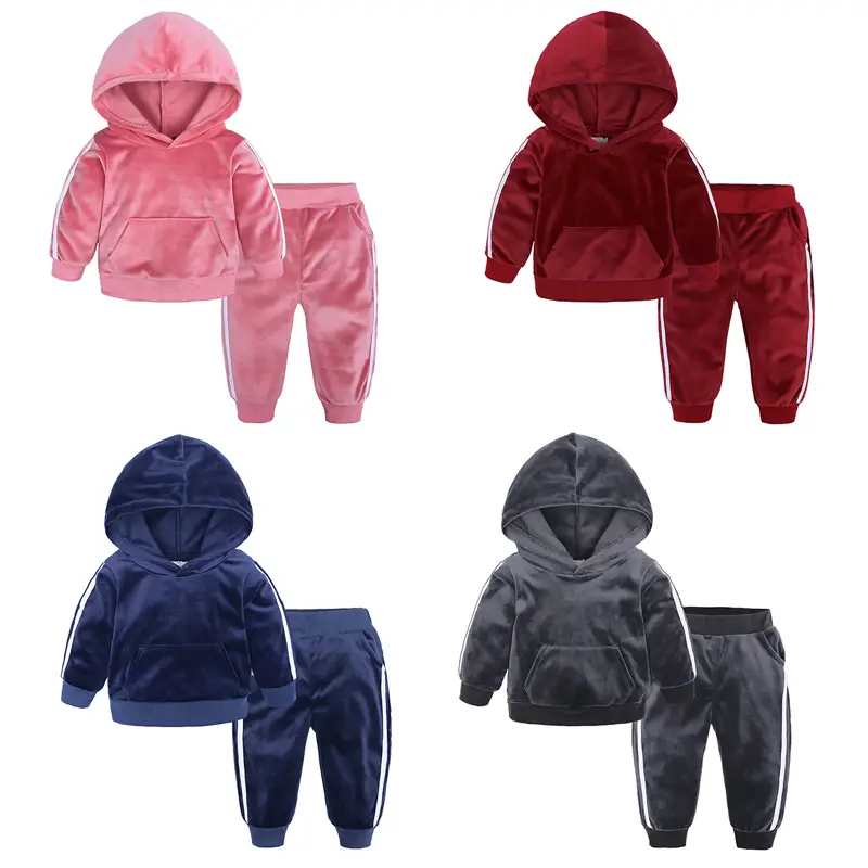 2024 Kids Boy Girl Clothes Set Velvet Tracksuit Suit Velour Hoodie Pocket Sweatshirt Tops+Sweatpants Children Athletic Sportwear Sweatsuit Tracksuit O