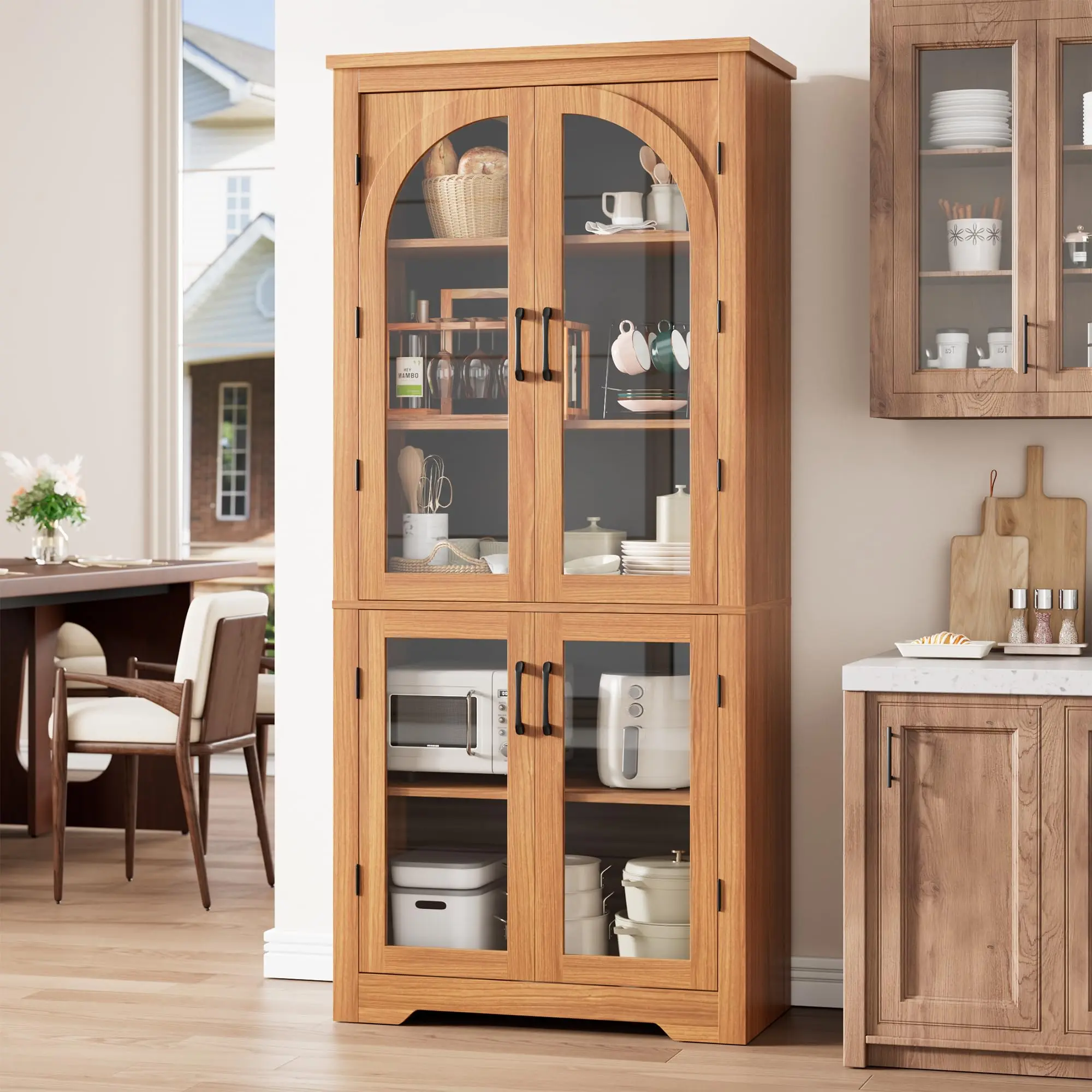 Garvee 70" Tall Contemporary Sturdy Kitchen Pantry - 4 Arched Glass Doors, Adjustable Shelves, Versatile Organizers, 300 lbs Capacity, Height Storage Cabinet, Food Pantry Cabinets (Walnut,Natural,White,Black) for Kitchen,Dining Room