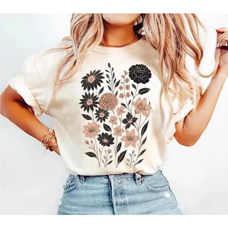 Unisex Casual Classic Crew Neck T-Shirt - Vintage Pressed Wildflower Print Directly Applied, Soft Fabric Cottagecore Botanical Top for Gardeners, Unisex Wear, Short Sleeve, Streetwear, Sunflower, Loose-Fitting, Machine Washable, Super Soft Wash, 3Xl, All