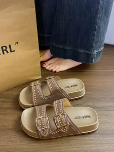 Women's Casual Patchwork Slippers, Soft PU Leather Eva Sole, Less Than Ankle Height, Home & Outdoors, Comfortable & Stylish