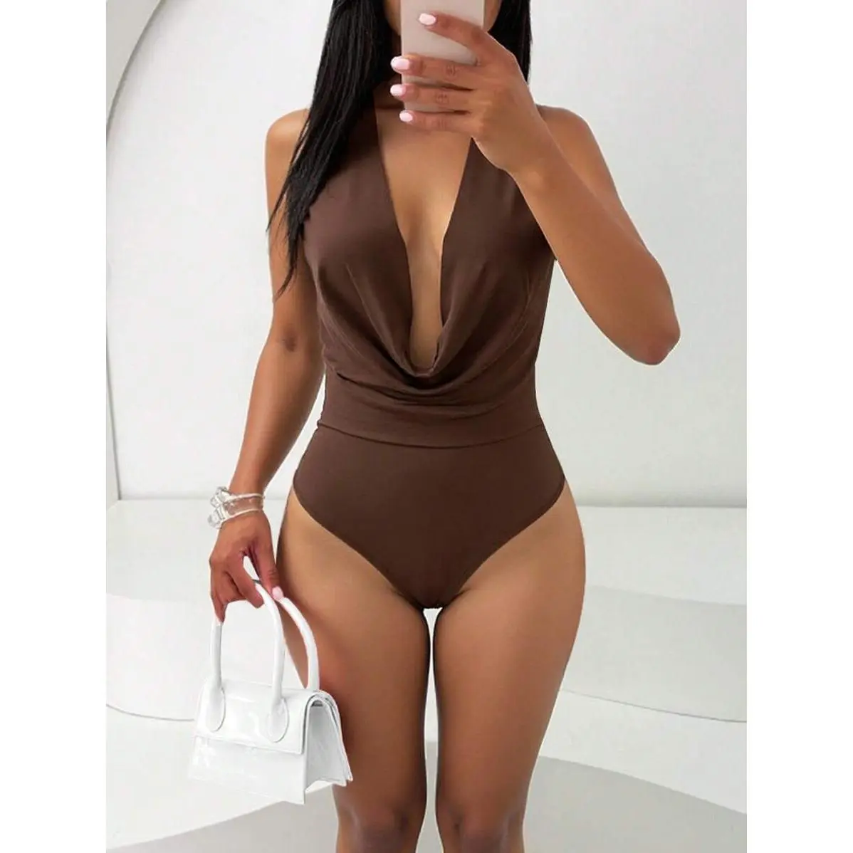 Women's Solid Color Plunging Neckline Sleeveless Sexy Bodysuit, Summer