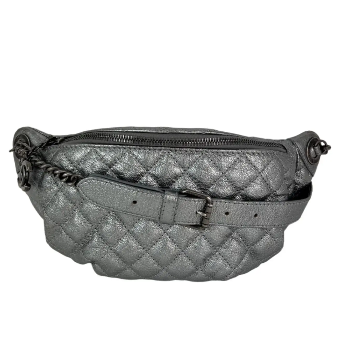 Pre-owned CHANEL leather Belt Bags 100% Authentic Quilted Metallic Dark Silver Calfskin Belt Bag Adjustable, Zip Closure, Interior Pockets (Banane Fanny Pack, Waist Bag)