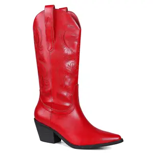 CYNLLIO Womens Cowboy Boots Embroidered Pointed Toe Block Heels Mid Calf Pull on Western Boots Slip on Wide Calf Cowboys Dance Boots