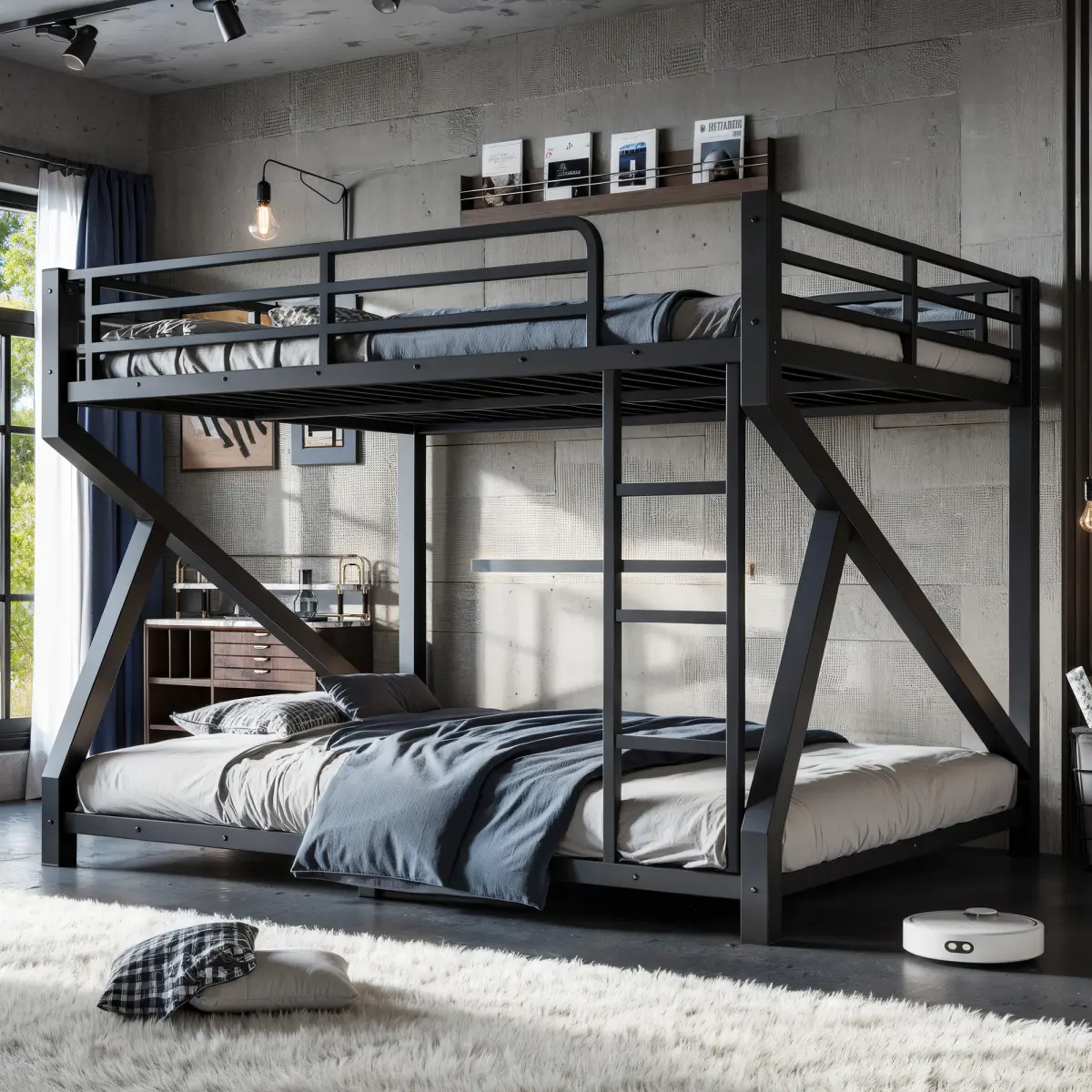 Metal Bunk Bed – Twin XL/Queen / Queen/Queen / Twin/Full, Low Profile with Upgraded Slats & Ladder, Black