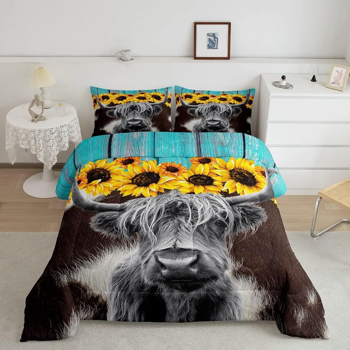 Feelyou Microfibre Duvet Insert & Comforter Set - Twin, Full, Queen, King Sizes, Non-Real Cowhide Print, Sunflower Floral Design, Blue Wooden Barn Door Quilt, Machine Washable, Prevents Fill From Clumping, Hiking/Light Outdoor Use, Bedroom Decor Gift, Bed