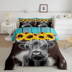 Highland Cow Comforter Set,(Not Real) Cowhide Print Bedding Sets,Sunflower Floral Duvet Insert,Cow Fur Print Comforter,Blue Wooden Barn Door Quilt Twin Microfiber