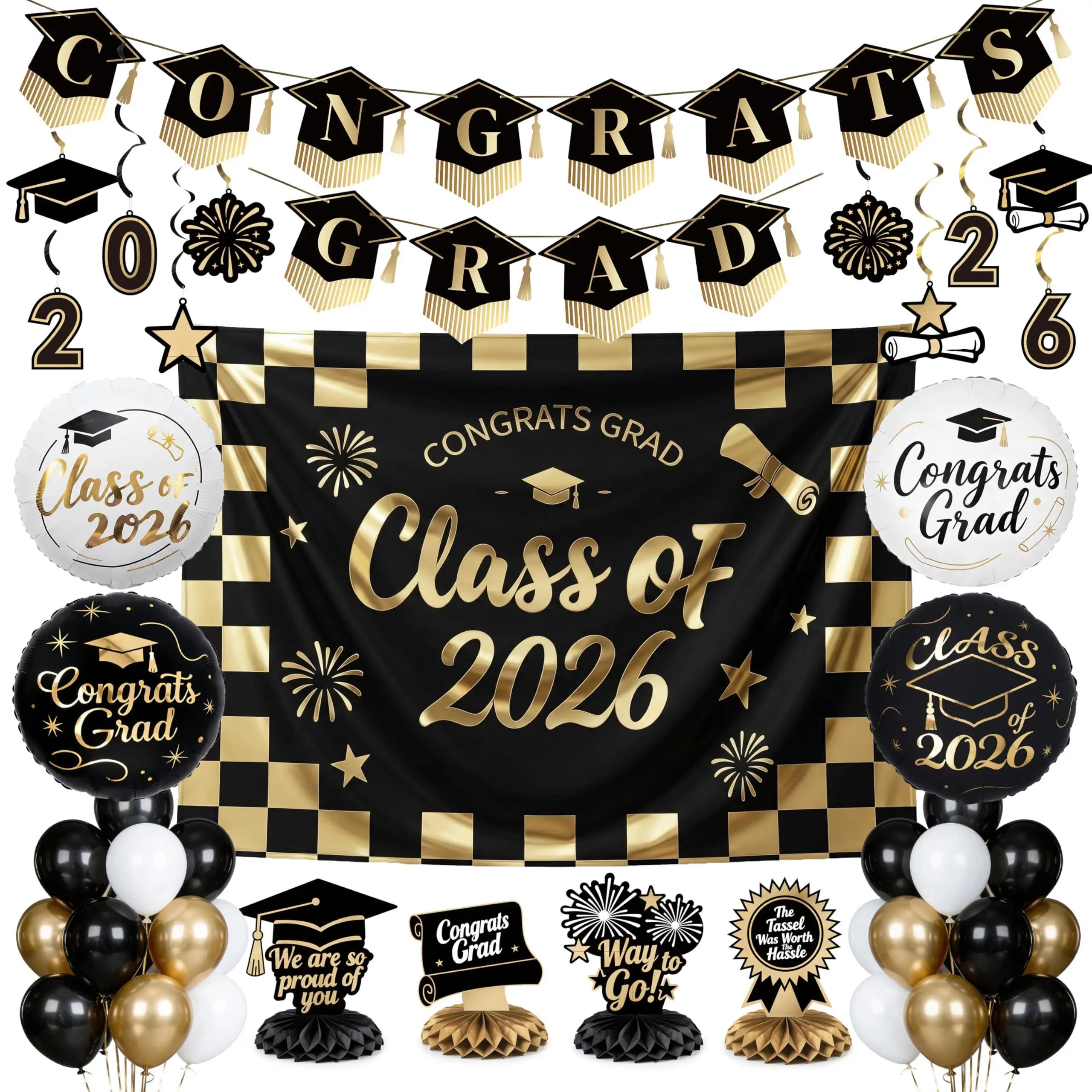 PartyWoo Graduation Decorations Class of 2026 Black Gold White 40pcs Grad Party Supplies with Congrats Grad Backdrop Black Checkered Banner Hanging Swirls Foil Latex Balloons Centerpieces Party