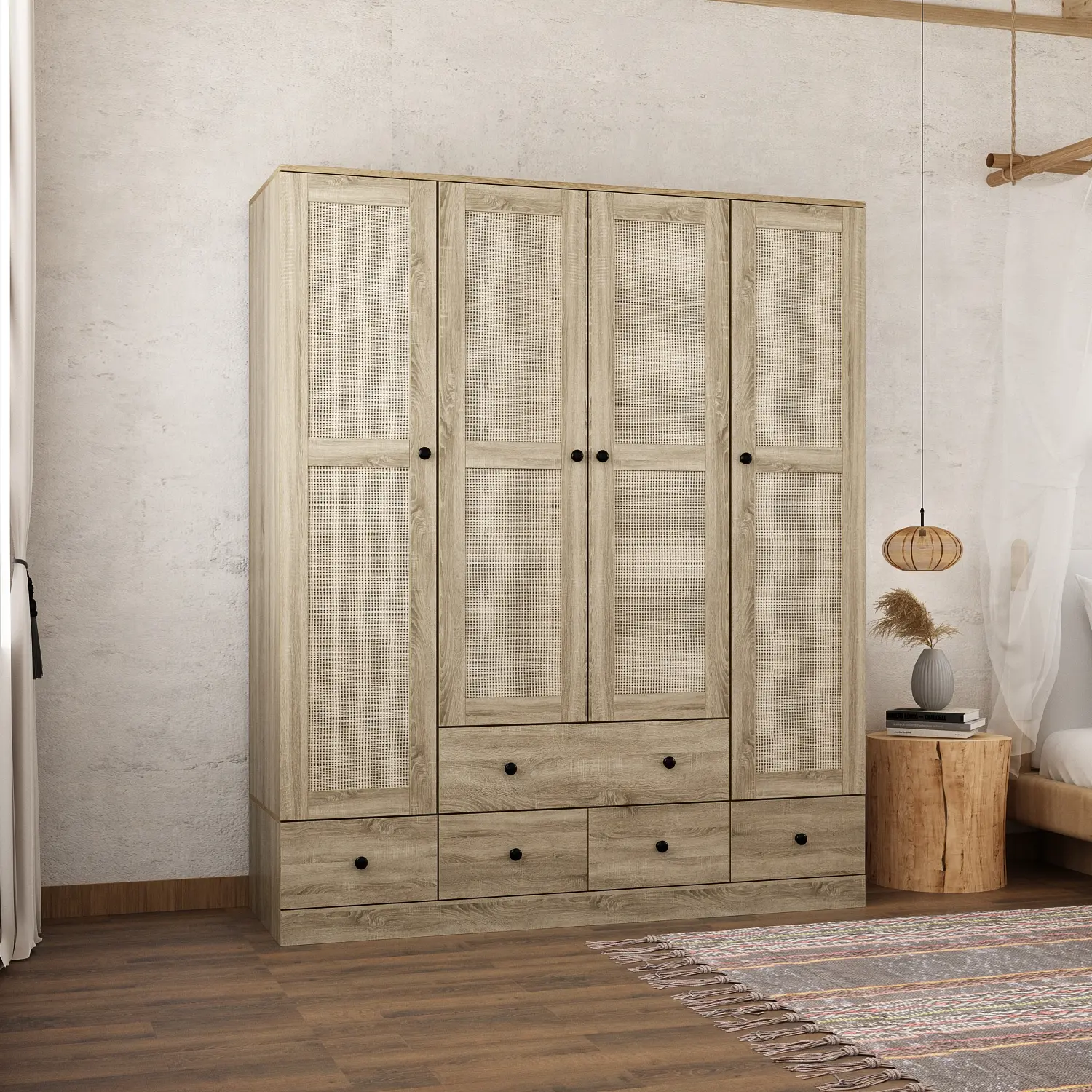 FUFU&GAGA Armoires and Wardrobes 4 Door Wardrobe with Shelves and Drawers, Rattan Door Design, Armoire Wardrobe Closet with 2 Clothing Rods Furniture Storage