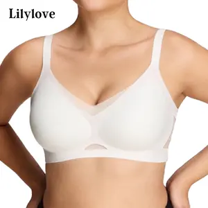 Lilylove Wireless Mesh Crossover Full Coverage Lightly Padded No Underwire Wirefree Comfortable Stretchy Breathable Bralette Adjustable Straps Seamless V Neck Supportive T-shirt Women's Everyday Bra M-3XL