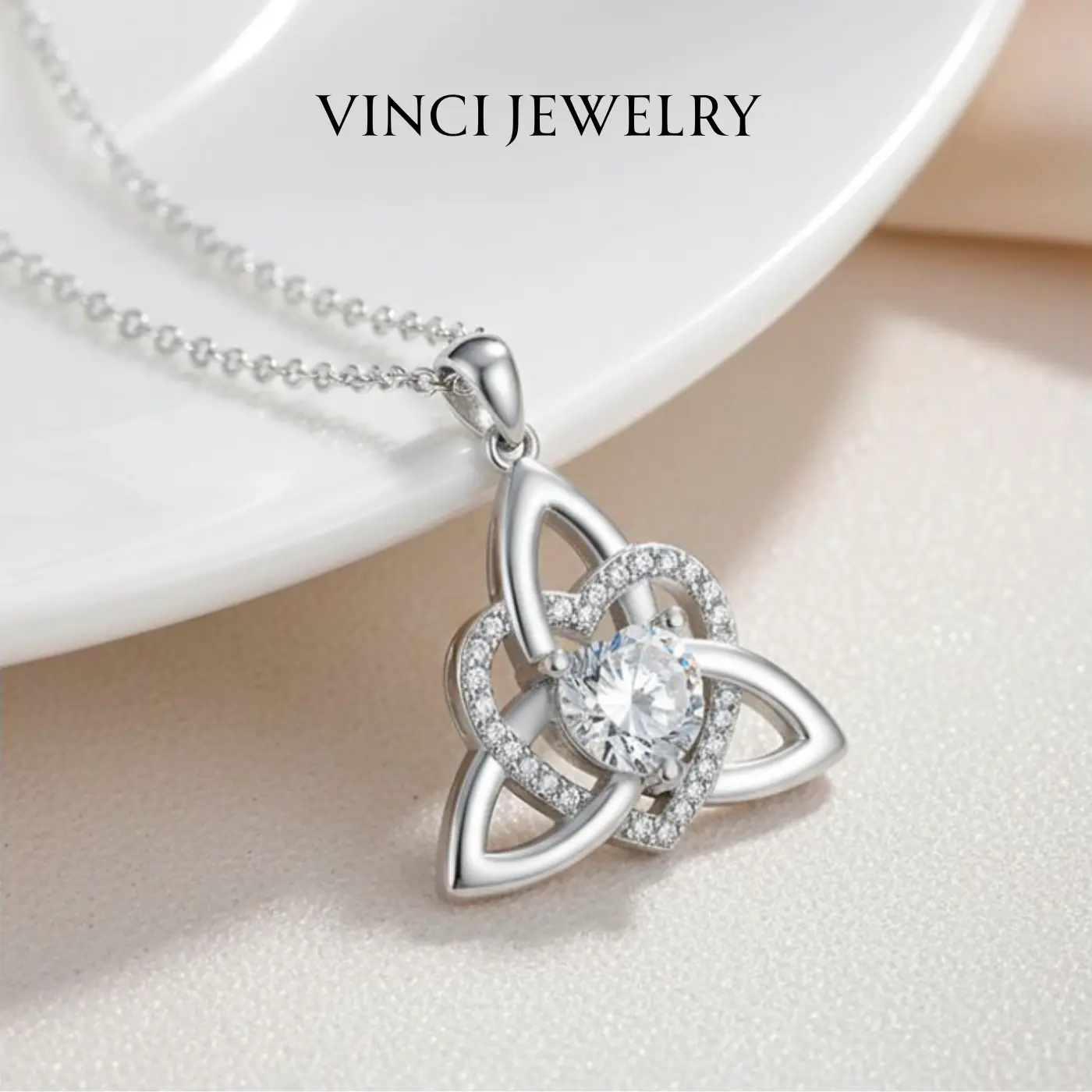 Celtic Triquetra Heart Pendant Necklace with Cubic Zirconia for Women Girls,Elegant Romantic Love Trinity Witch Knot Symbol Protective Necklace, Wicca Triple Moon Mystic Amulet Jewelry Gift for Mom Girlfriend, Mother's day Gift