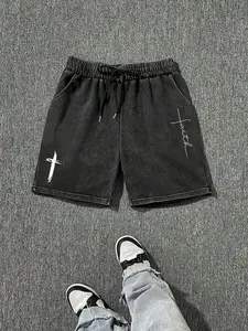 Unisex Faith Cross Graphic Print Shorts, Vintage Washed Drawstring Five-Pocket Pants, Loose Fit Streetwear for Couples, Summer Fashion