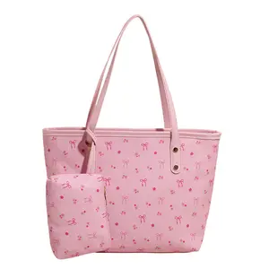 Women's Elegant Ditsy Floral PU Leather Tote Bag, Fashionable Bow Pattern Large Capacity Shoulder Bag for Daily Use, Trendy Versatile Commuting Handbag for Fall & Winter