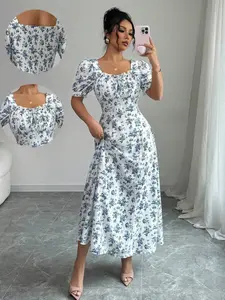 Women's Summer Elegant Blue Floral Belted Wrap Dress, Boho Floral Dress, Stylish Casual Wear, Perfect for Daily, Comfortable and Trendy Design