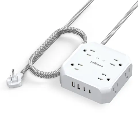 JcBlaon Mountable Power Strip Surge Protector - 8 Wide 1.6 Inch Spacing Sockets, 4 Ports (2 USB-C, 2 USB-A), 5Ft Braided Flat Extension Cord, Low-Profile Flat Plug, Rubber Feet, 12-Device Wall Outlet Extender for iPhone, iPad