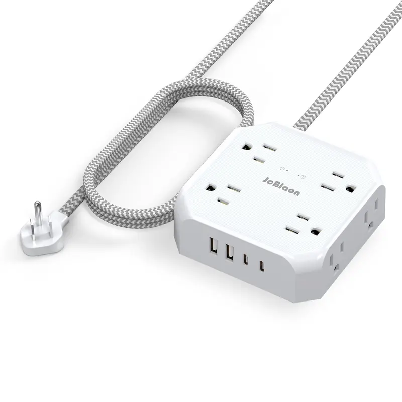 JcBlaon Mountable Power Strip Surge Protector - 8 Wide 1.6 Inch Spacing Sockets, 4 Ports (2 USB-C, 2 USB-A), 5Ft Braided Flat Extension Cord, Low-Profile Flat Plug, Rubber Feet, 12-Device Wall Outlet Extender for iPhone, iPad