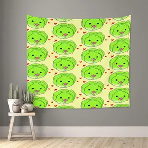 2D Flat, 1pc Cute Cabbage & Cabbage Leaf Wall Hanging Tapestry - Large Green Cabbage Head Characters with Smiling Faces, Pink Hearts & Yellow Background, 51x60 Inch Horizontal Fade-Resistant Polyester Fabric Room, Party Decor, 2D Flat, Tapestries,