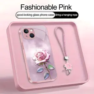 Suitable for [iPhone 14 Plus] high-end women's phone case🤩，a beautiful four-leaf clover lanyard is included🍀，various pink rose patterns, exquisite and high-end YM99