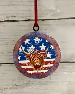 Scented car Freshie, ready to hang, Highland cow w/ American Flag, red white & Blue, Choose your scent