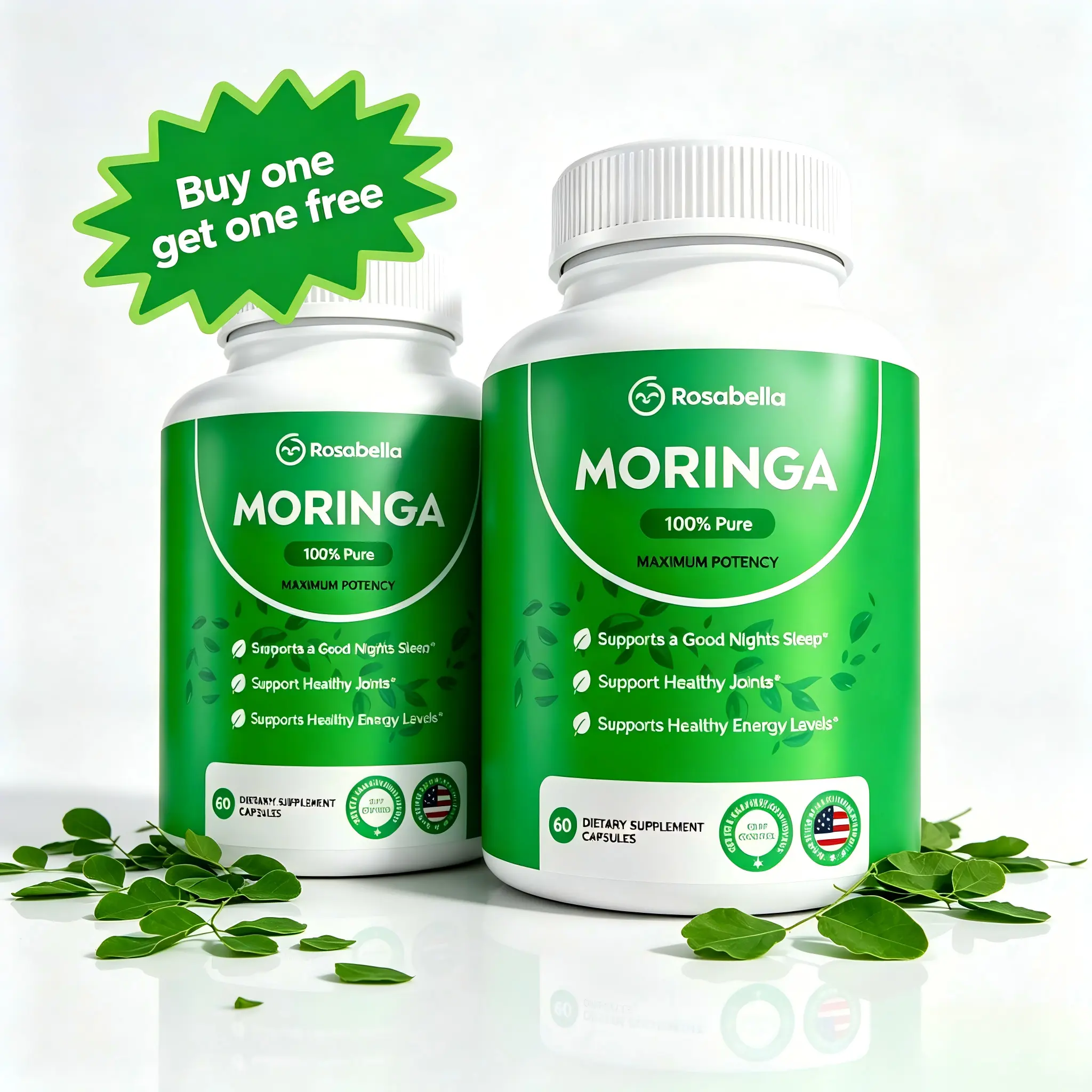 2 Pack Rosabella Moringa Capsules - Pure Moringa Powder, Energy, Skin, Immune & Gut Health Superfood, Rich in Antioxidants, Essential Vitamins & Amino Acids, Natural Green Superfood Supplement - 60 Count