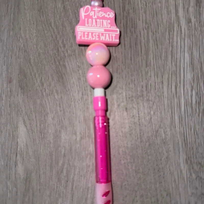 Design Your Own Mechanical Pencil with Pink Beads and 'Patience Loading Please Wait' Sign