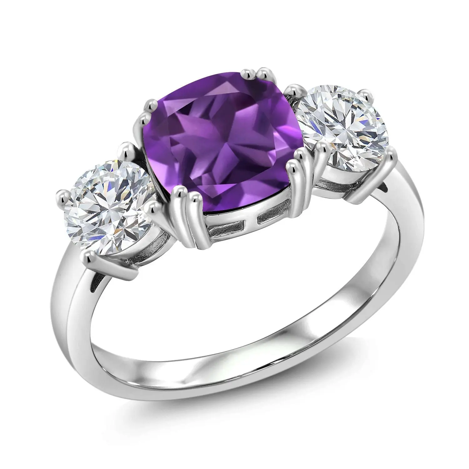 Gem Stone King 3.10 Carats Beautiful Rings for Women, 925 Sterling Silver 3-Stone Engagement Ring, Lab Diamonds & Purple Amethyst, Cushion Cut 8MM & Round 5MM Gemstone Birthstone, Sizes 5-9