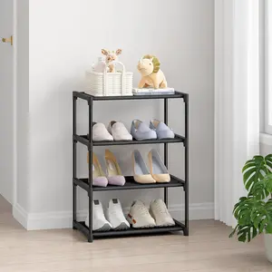 4 Tier Small Shoe Rack, Narrow Stackable Kids Toddler Adult Shoe Storage Organizer Shelf for Closet Floor Entryway Bedroom, Space Saver Shoe Rack Organization Shelves