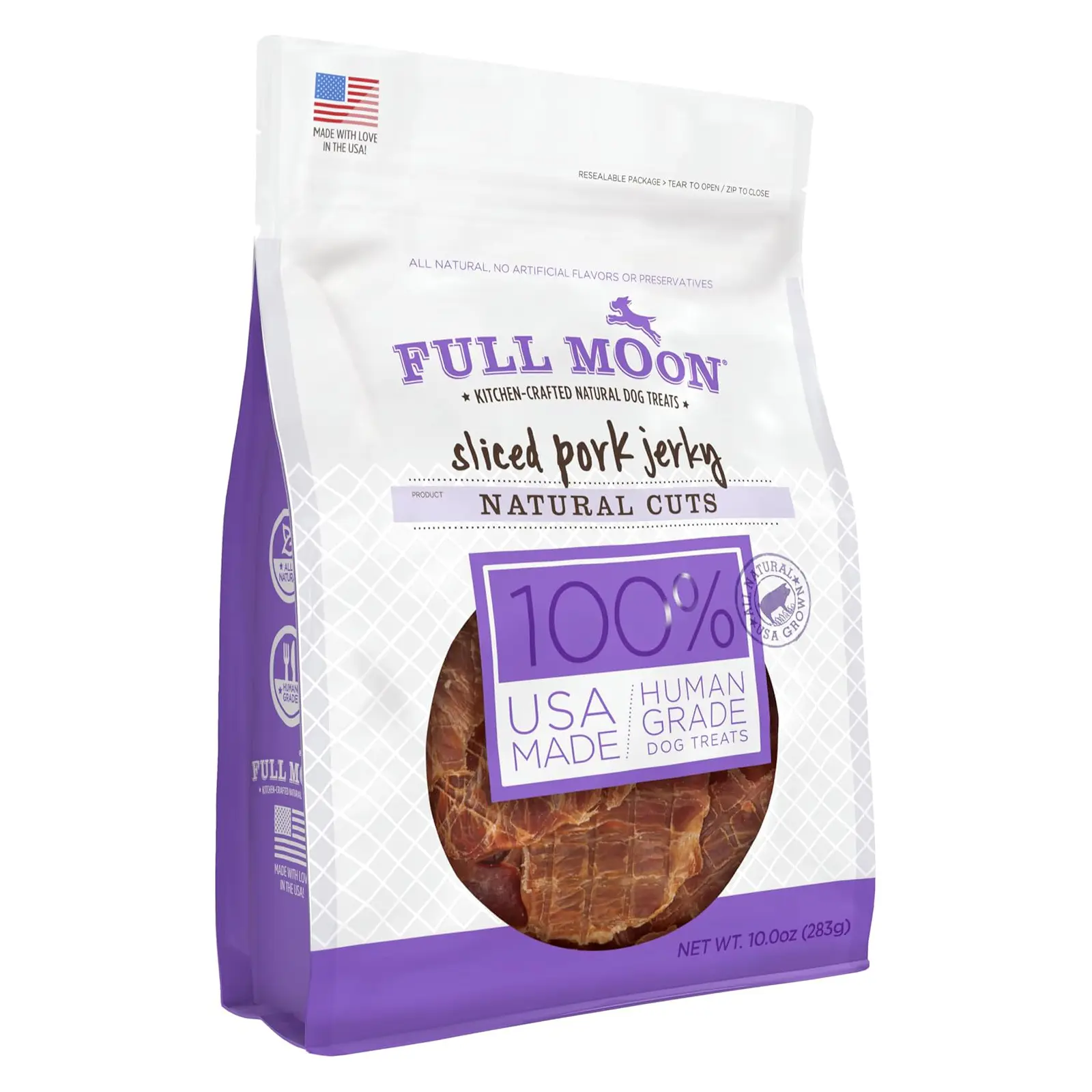Full Moon Natural Cut Pork Jerky Dog Treats 10 oz Human Grade, No corn, No wheat, No soy, Glycerin Free, Made in the USA