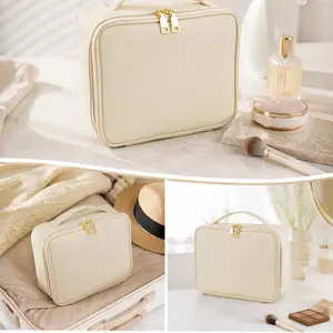 Large Capacity Travel Makeup Train Case with Removable Dividers, Portable Leather-Look Cosmetic Organizer Bag with Handle, Brush Slots and Mesh Pocket, Water-Resistant Beauty Storage Case for Skincare Toiletries and Vanity Essentials outdoorfun